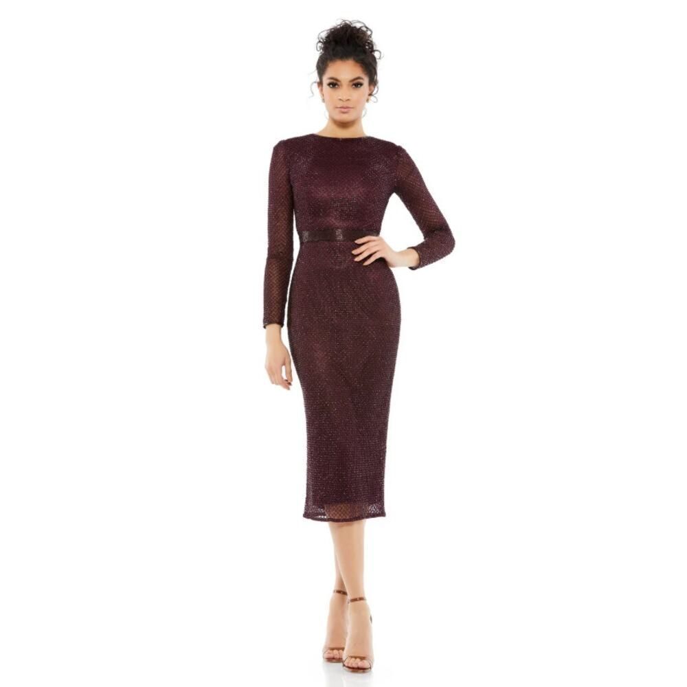 Cocktail by Mac Duggal Long Sleeve Beaded Midi Dress 5530 - Size 4 - NWT